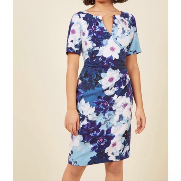 EUC 2 Adrienna Papell Blue Chic Floral Midi Classy Dress - Picture 1 of 10